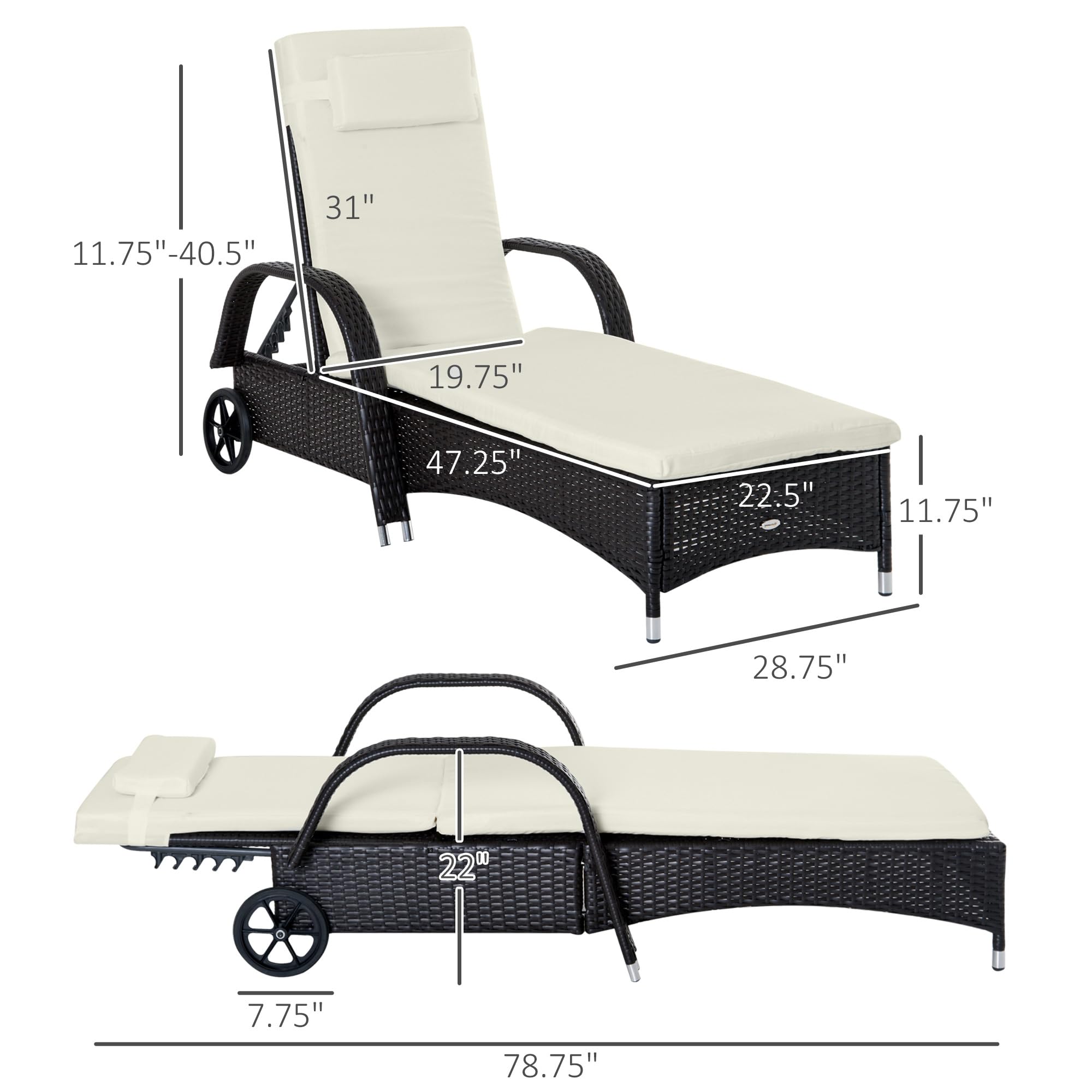 Outsunny Wicker Outdoor Chaise Lounge Set of 2, 5-Level Adjustable Backrest PE Rattan Pool Lounge Chair with Wheels, Cushion & Headrest, Dark Coffee and Cream White