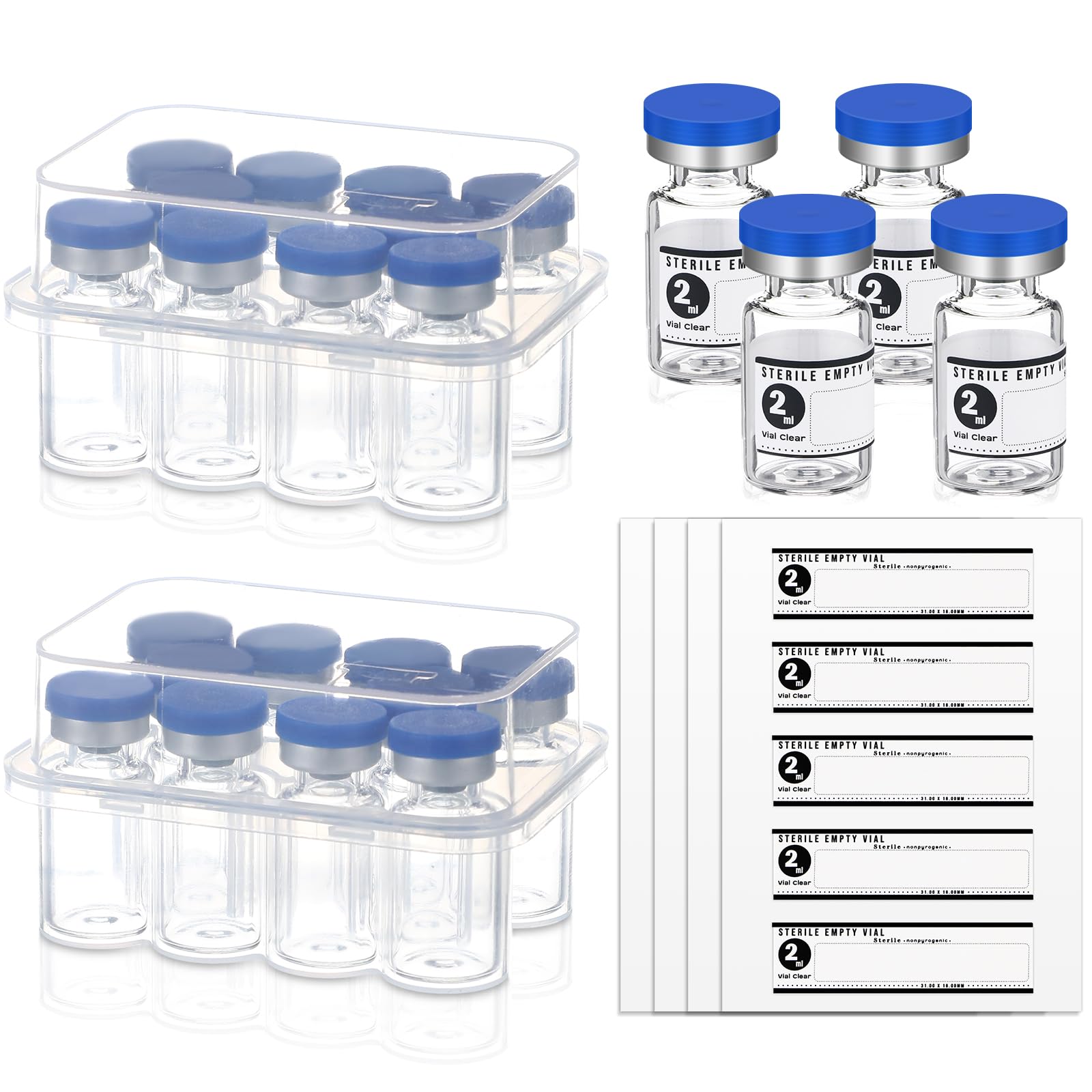 Threlaco 20 Sealed Sterile Empty Vials with Self Healing Injection Port Glass Penicillin Bottle with 20 Label Stickers (2ml)