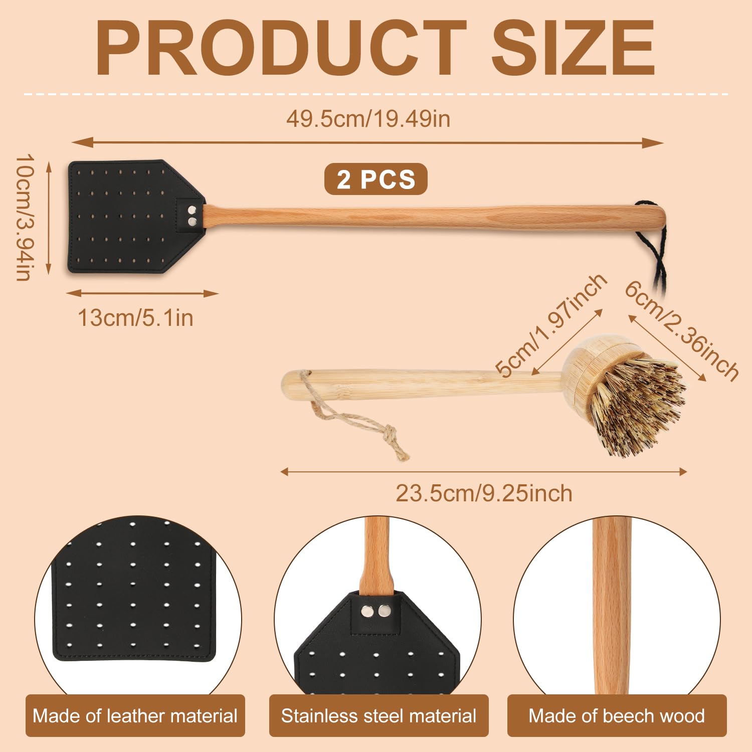 Fly Swatter Sets, 2pcs Leather Flyswatter+1pc Brush, Manual Heavy Duty Fly Swatter with Long Wooden Handle Hollow Out Wasp Swatter for Home Indoor Outdoor (Brown+Black)