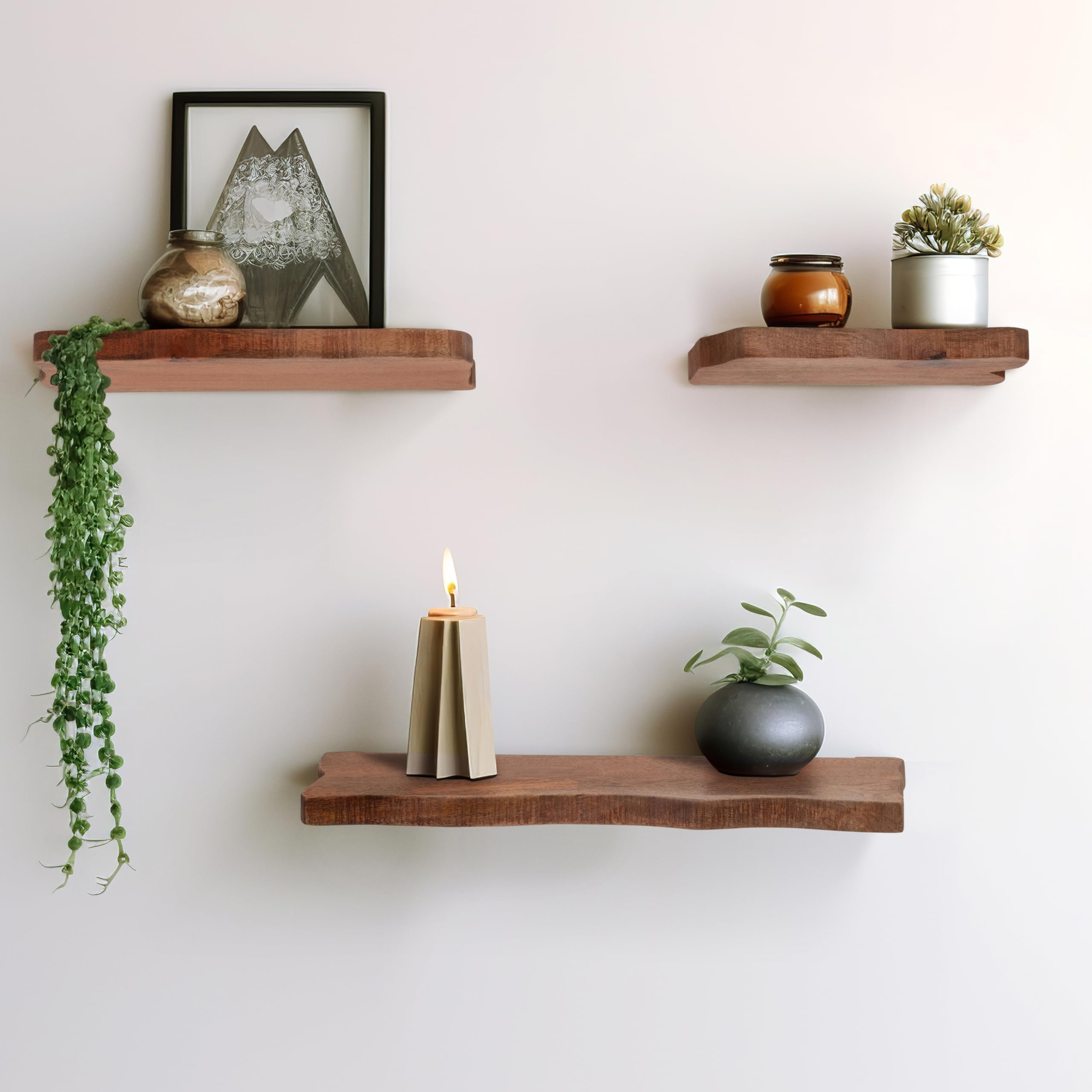 Sagebrook Home Natural Neutral Set of 3 Mange Wood Brown Floating Shelves - 18" x 6" x 1"