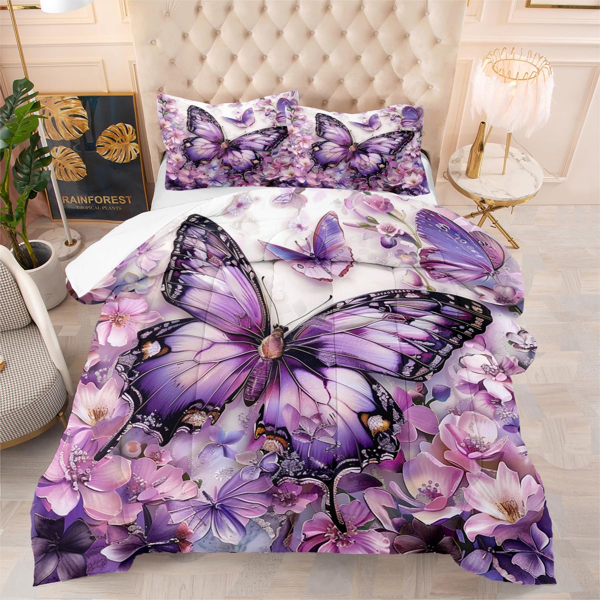 CCoutueChen Purple Butterfly Comforter Set Queen Size Chic Flower Butterfly Bedding Sets Botanical Plants Comforter Quilt Boho Animal Bed Set 3Pcs Soft Fluffy Comforter for Girls Women Adult Room