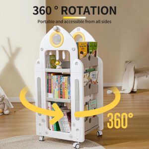 UNICOO Kids Rocket Toy & Bookshelf Storage Organizer, 3-Tier Plastic Rolling Cart, Side & Middle Shelves, Children's Bookshelf with Wheels for Playroom, Classroom, Nursery (White & Grey)