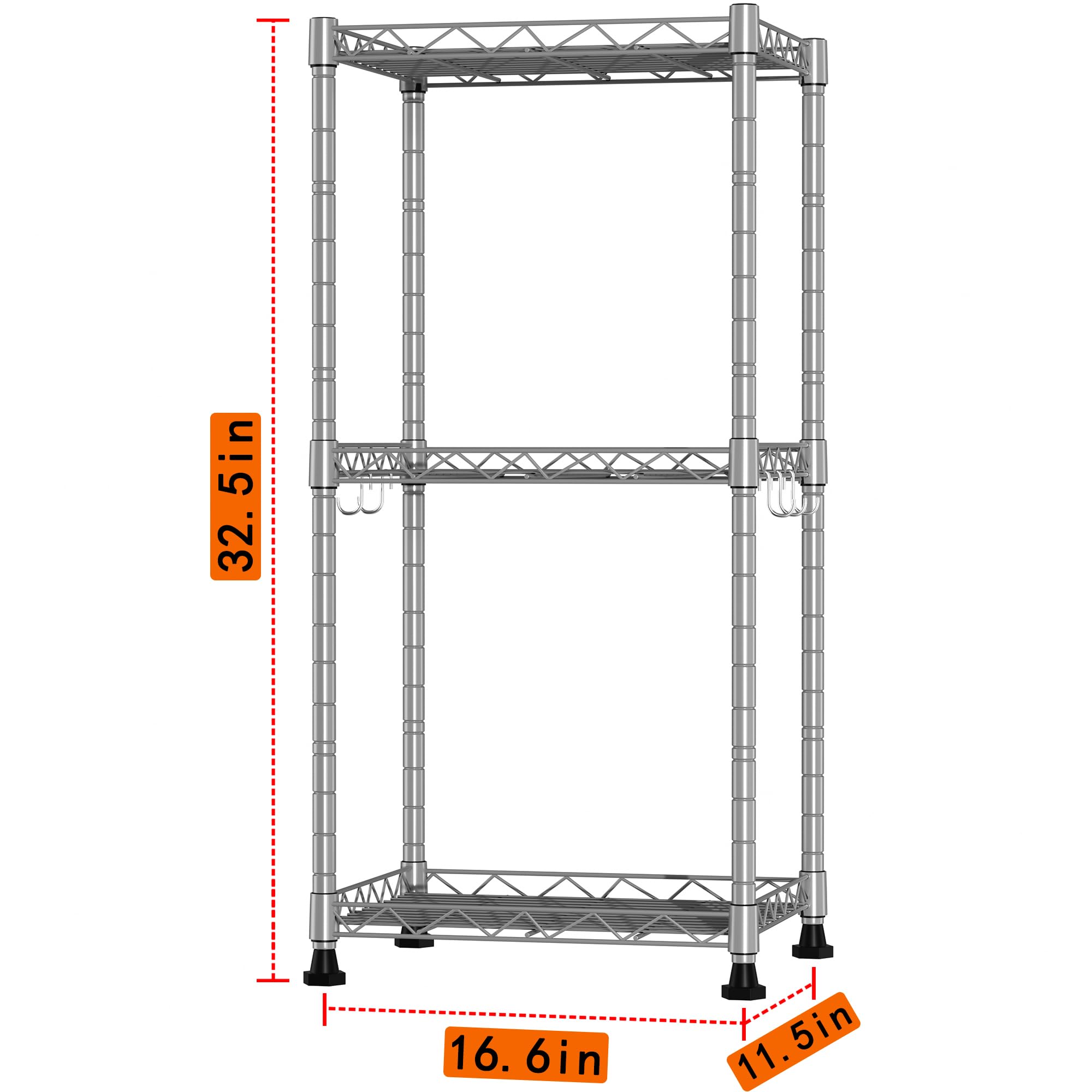 YOHKOH 3 Tier Storage Shelves Rack,16.6L x 11.5W x 32.5H Adjustable Metal Shelf Units,Steel Storage Wire Shelving,Closet,Kitchen,Home,Office with 5 Hooks Silver