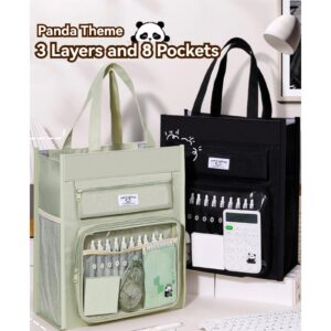 SIORTIO Canvas Tote Bag Cute Panda Print Multipocket Handbag with Compartments + 5 Pens (1-Green)