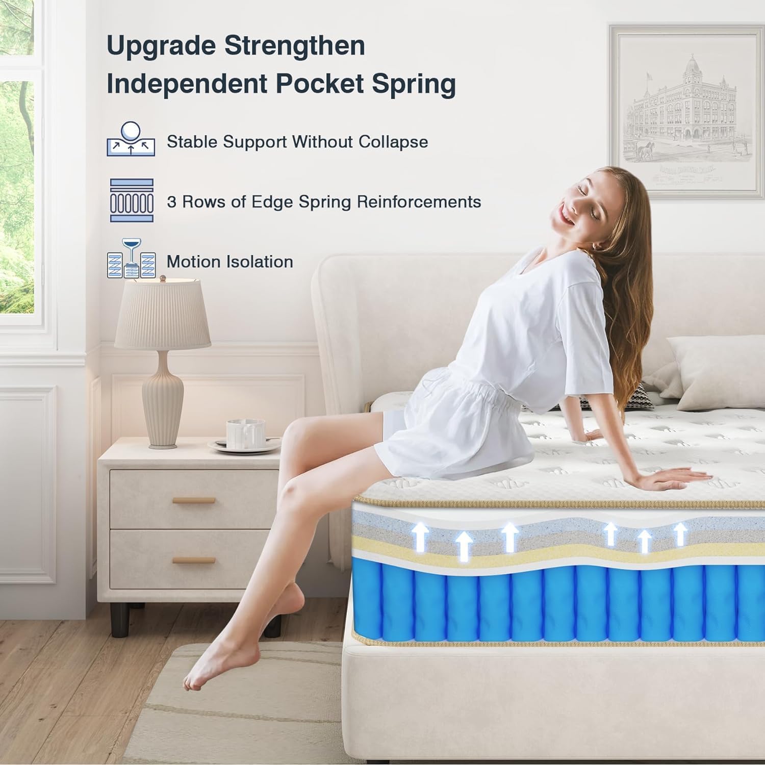 EEN EEN SLEEP King Size Mattress, Upgrade Strengthen 12 Inch Firm Hybrid King Mattress in A Box, Mattress King Size with High Density Memory Foam and Independent Pocket Springs, Strong Edge Support