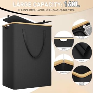 Raybee Laundry Hamper with Lid,160L Laundry Basket with Lid, Clothes Hamper for Laundry Hamper 2 Section, Laundry Hamper with 2 Removable Washing Bags,Freestanding Dirty Clothes Hamper,Black