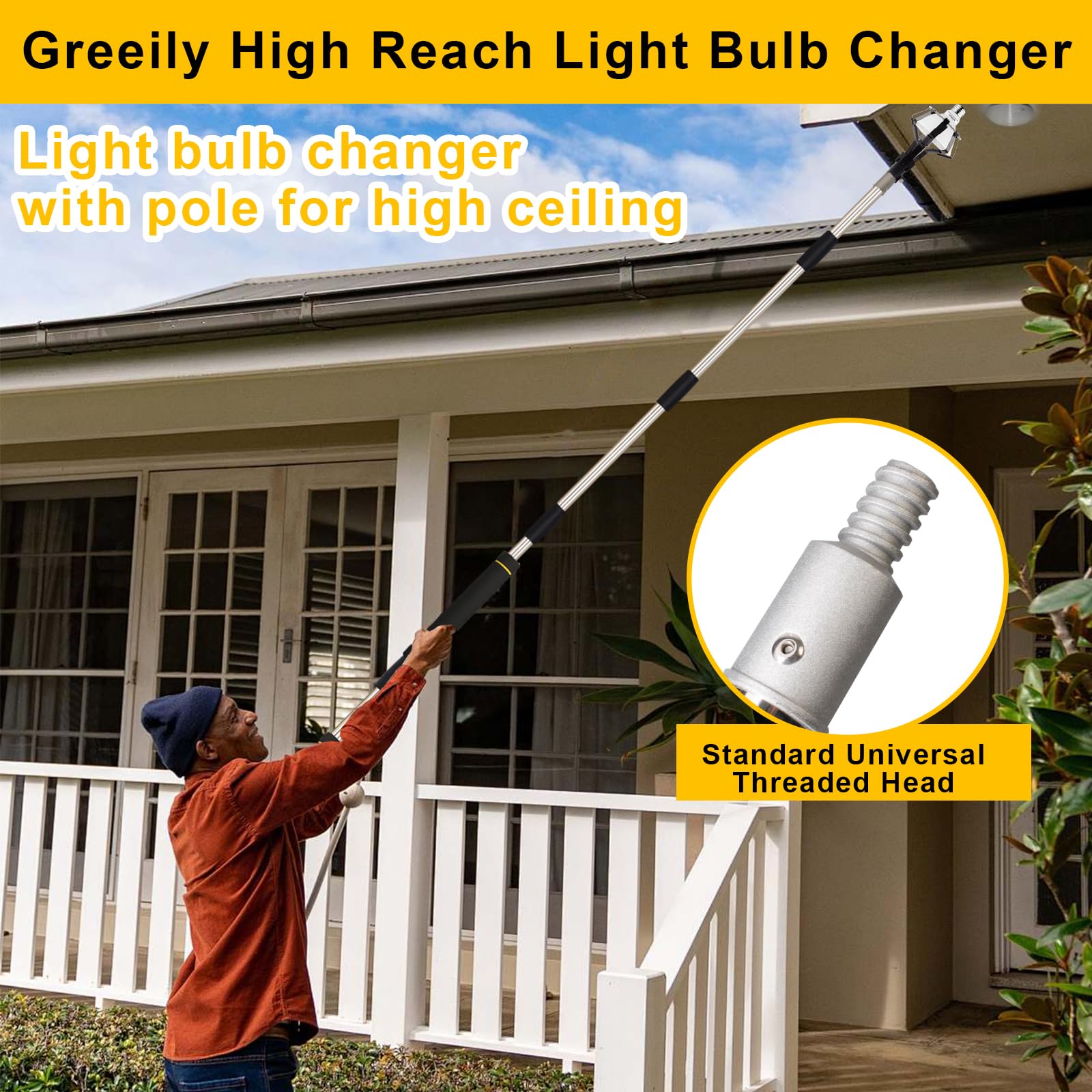 Greeily High Reach Light Bulb Changer, 2ft to 6ft Light Bulb Changer for High Ceilings with Extension Pole Baskets and Suction Cup Bulb Removal Tool Stainless Steel Material Sturdy Durable (6FT)