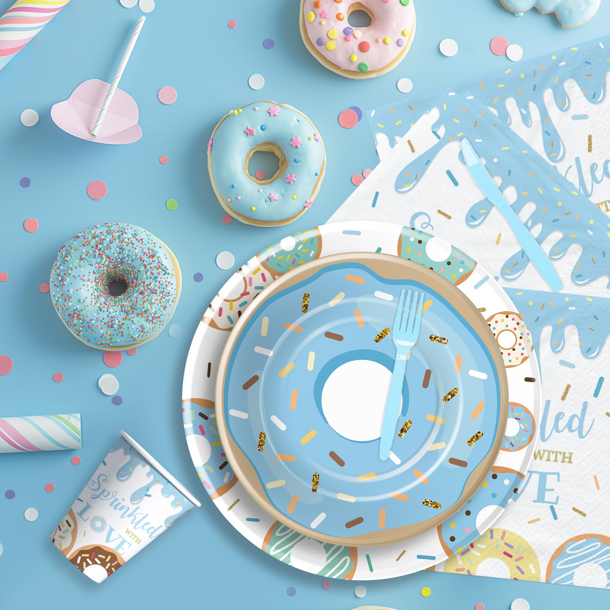 Suhelkit Donut Baby Sprinkle Decorations Tableware For Boy - Sprinkled with Love Baby Shower Decorations Party Supplies, Plate, Napkin, Cup, Cutlery, Blue Donut Baby Shower Decorations | 24 Guests