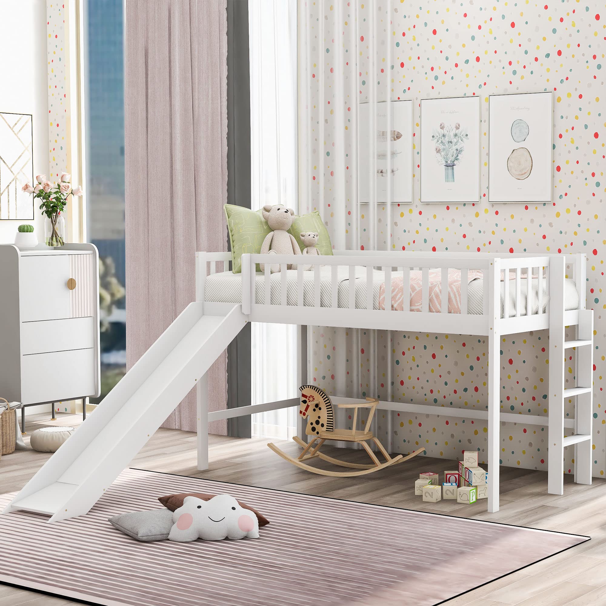 Kids Twin Loft Bed with Slide Rails, Low Beds Frame Wooden for Toddler Boys Girls Junior Slat Support, No Box Spring Needed, White