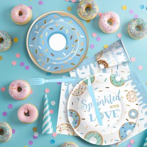 Suhelkit Donut Baby Sprinkle Decorations Tableware For Boy - Sprinkled with Love Baby Shower Decorations Party Supplies, Plate, Napkin, Cup, Cutlery, Blue Donut Baby Shower Decorations | 24 Guests