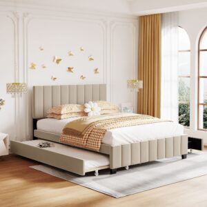 gingvat platform beds queen size, velvet upholstered platform bed with 2 drawers and trundle, modern style, beige