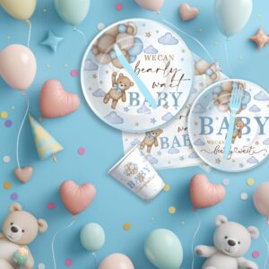 Suhelkit Bear Baby Shower Decorations Party Tableware Boy - We Can Bearly Wait Baby Shower Decorations Supplies, Paper Plate, Napkin, Cup, Fork, Blue Teddy Bear Baby Shower Party Supplies | 24 Guests