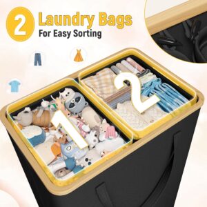 Raybee Laundry Hamper with Lid,160L Laundry Basket with Lid, Clothes Hamper for Laundry Hamper 2 Section, Laundry Hamper with 2 Removable Washing Bags,Freestanding Dirty Clothes Hamper,Black