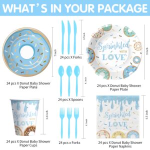 Suhelkit Donut Baby Sprinkle Decorations Tableware For Boy - Sprinkled with Love Baby Shower Decorations Party Supplies, Plate, Napkin, Cup, Cutlery, Blue Donut Baby Shower Decorations | 24 Guests