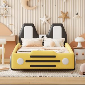 Merax Race Car Bed Frame for Boys,Soft PU Leather Twin Bed for Kids with Wheels,Soft Headboard and Guard Board,Fits Standard Twin Mattress(Mattress not Included)