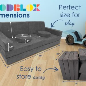 Mod Blox 10 Piece Soft Modular Kids Play Couch for Boys and Girls ｜ Child Sectional Fort Building Sofa for Toddlers Playroom with Microsuede Covers + High Density Convertible Foam Cushions (Dark Gray)