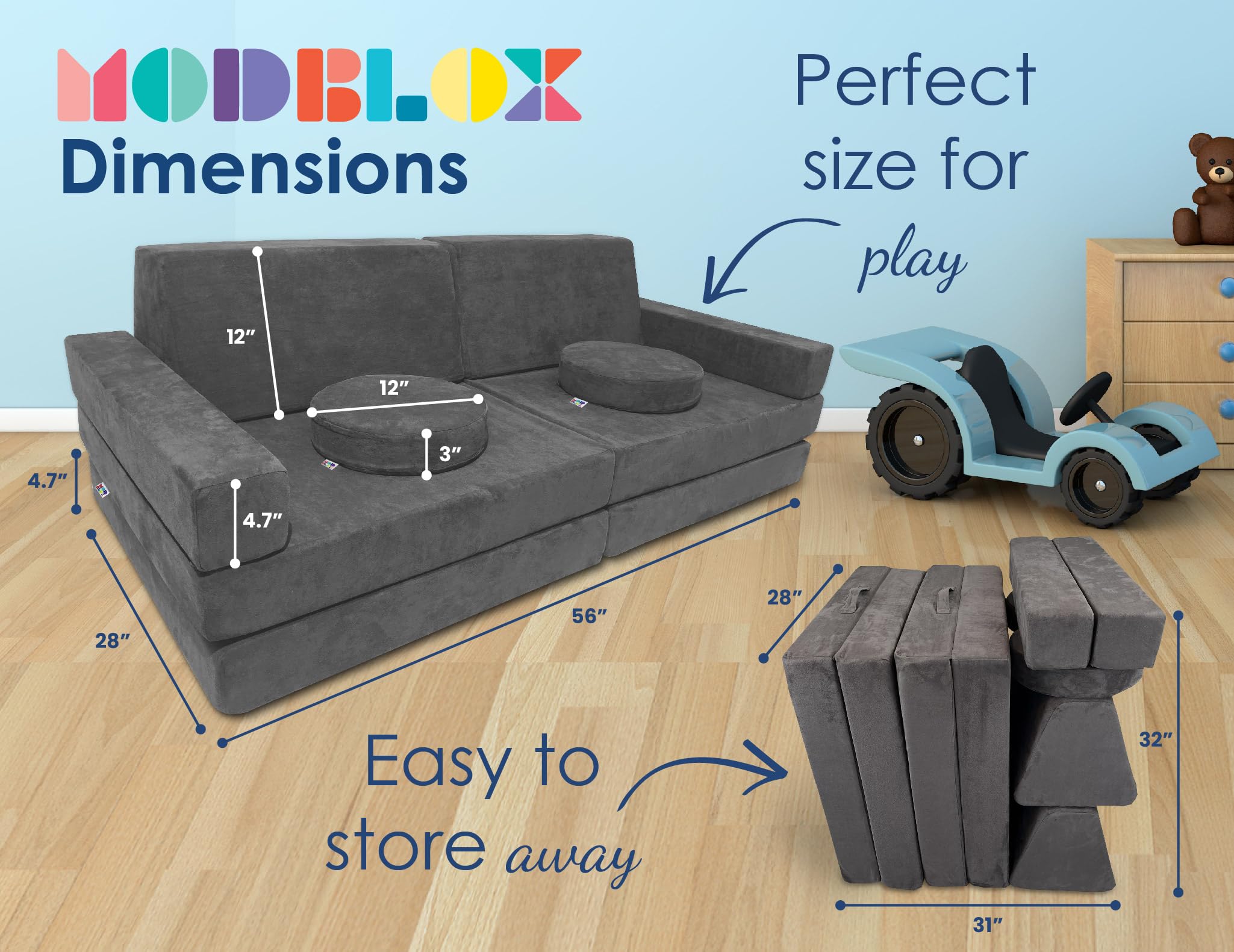 Mod Blox 10 Piece Soft Modular Kids Play Couch for Boys and Girls ｜ Child Sectional Fort Building Sofa for Toddlers Playroom with Microsuede Covers + High Density Convertible Foam Cushions (Dark Gray)