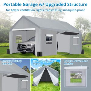 GAOMON Carport 10'x 20' Heavy Duty Carport Canopy with Semi-Auto Ventilated Windows & Roll-up Door w/Zipper, Portable Garage with Steel Frame and Waterproof UV-Treated Cover for Car, Boats, Truck