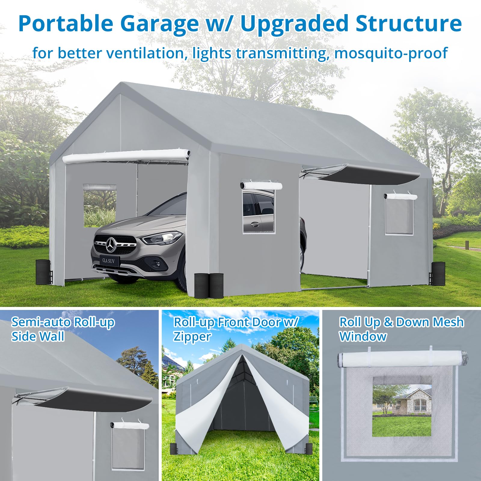 GAOMON Carport 10'x 20' Heavy Duty Carport Canopy with Semi-Auto Ventilated Windows & Roll-up Door w/Zipper, Portable Garage with Steel Frame and Waterproof UV-Treated Cover for Car, Boats, Truck