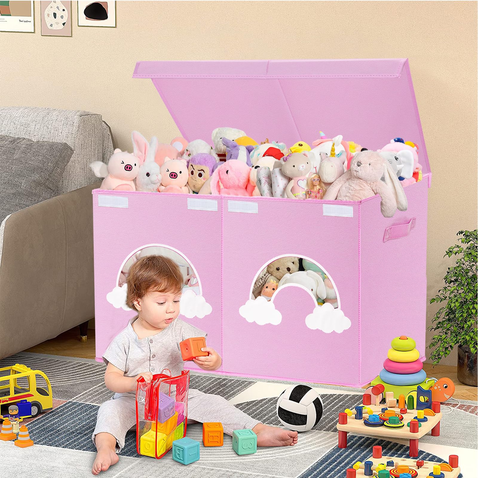 Large Toy Box Chest,Collapsible Sturdy Storage Bins with Lids,Large Kids Toy Storage Organizer Boxes Baskets for Kids,Boys,Girls,Toddler,Nursery Room,Playroom(Pink Cloud)