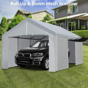 GAOMON Carport 10'x 20' Heavy Duty Carport Canopy with Semi-Auto Ventilated Windows & Roll-up Door w/Zipper, Portable Garage with Steel Frame and Waterproof UV-Treated Cover for Car, Boats, Truck