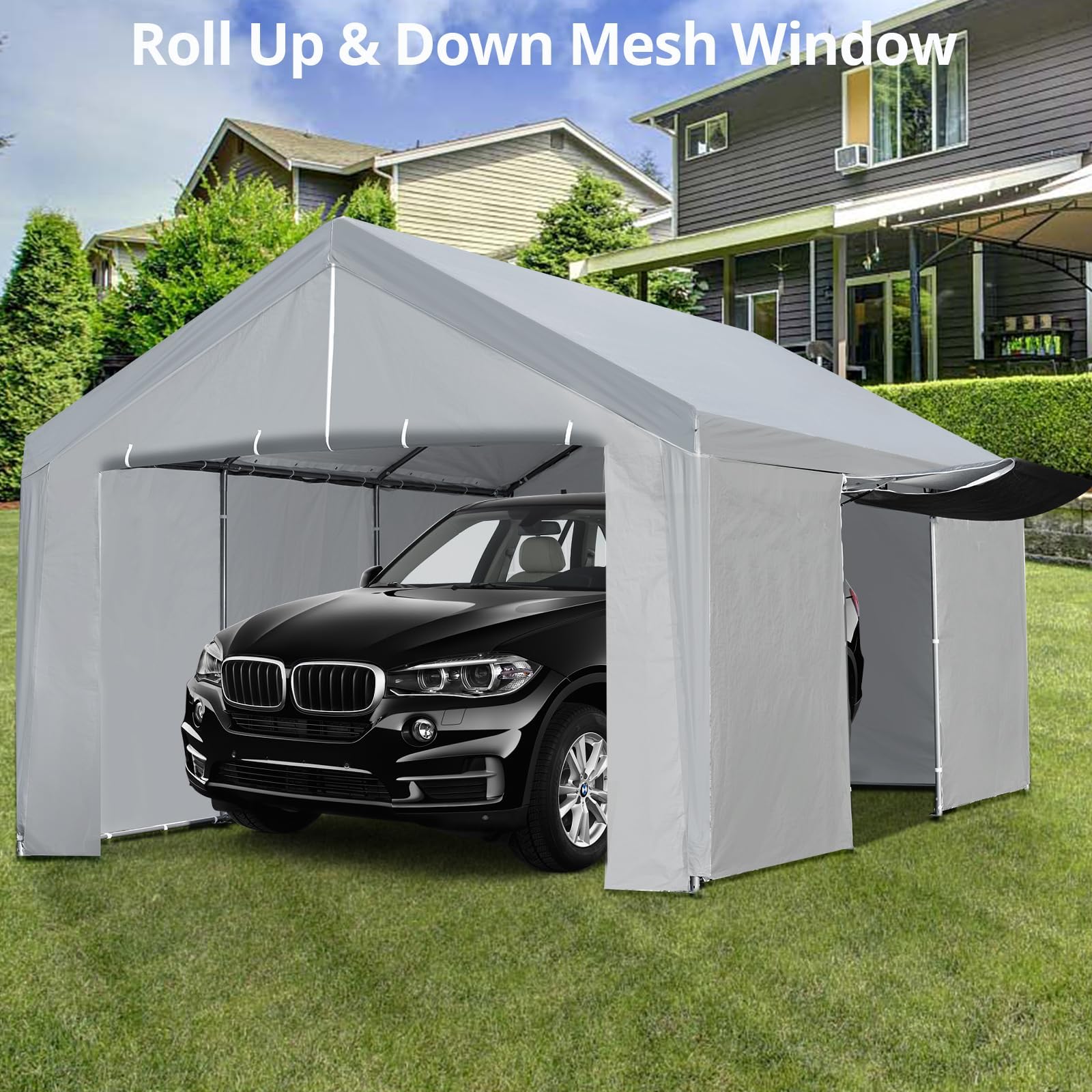 GAOMON Carport 10'x 20' Heavy Duty Carport Canopy with Semi-Auto Ventilated Windows & Roll-up Door w/Zipper, Portable Garage with Steel Frame and Waterproof UV-Treated Cover for Car, Boats, Truck