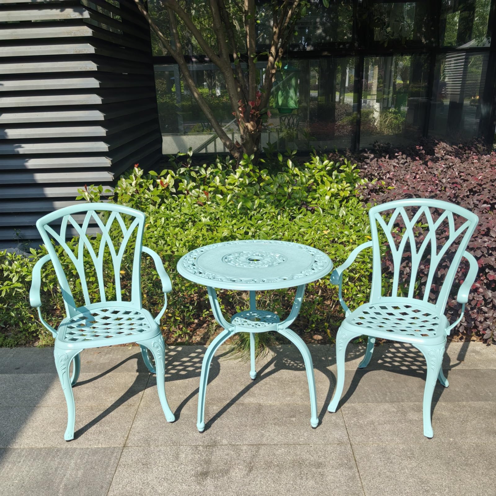 KAILI 3 Piece Bistro Table Set Cast Aluminum Outdoor Patio Furniture with Chair with armrests (Light Blue)