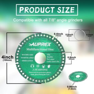 AUPREX 5 Pack 4 Inch Indestructible Disc for Grinder, 7/8" Arbor Angle Grinder Diamond Cutting Disc, Cut Everything in Seconds, Multifunctional Cutting Blade for Various Materials-Green