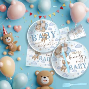 Suhelkit Bear Baby Shower Decorations Party Tableware Boy - We Can Bearly Wait Baby Shower Decorations Supplies, Paper Plate, Napkin, Cup, Fork, Blue Teddy Bear Baby Shower Party Supplies | 24 Guests