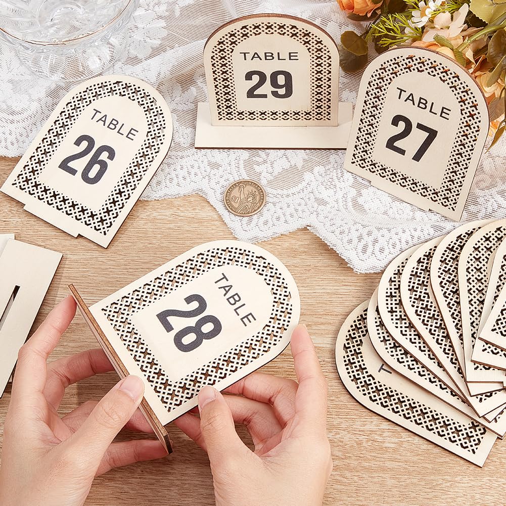 OLYCRAFT 30 Sets Wooden Table Number Signs 3.1x4.3 Inch Numbers 1~30 Rattan Openwork Wooden Sign Wedding Table Numbers Stands with Base Table Number Display for Restaurant Receptions Wedding Supplies