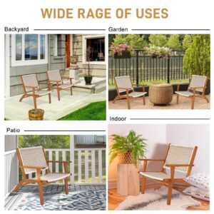 Outvita Natural Stain Outdoor Chair, Mid Century Modern Accent Armchair, Reading Lounge Chair with Ecru Handwoven Rope and Solid Acacia Wood Frame for Bedroom Patio Balcony Indoor