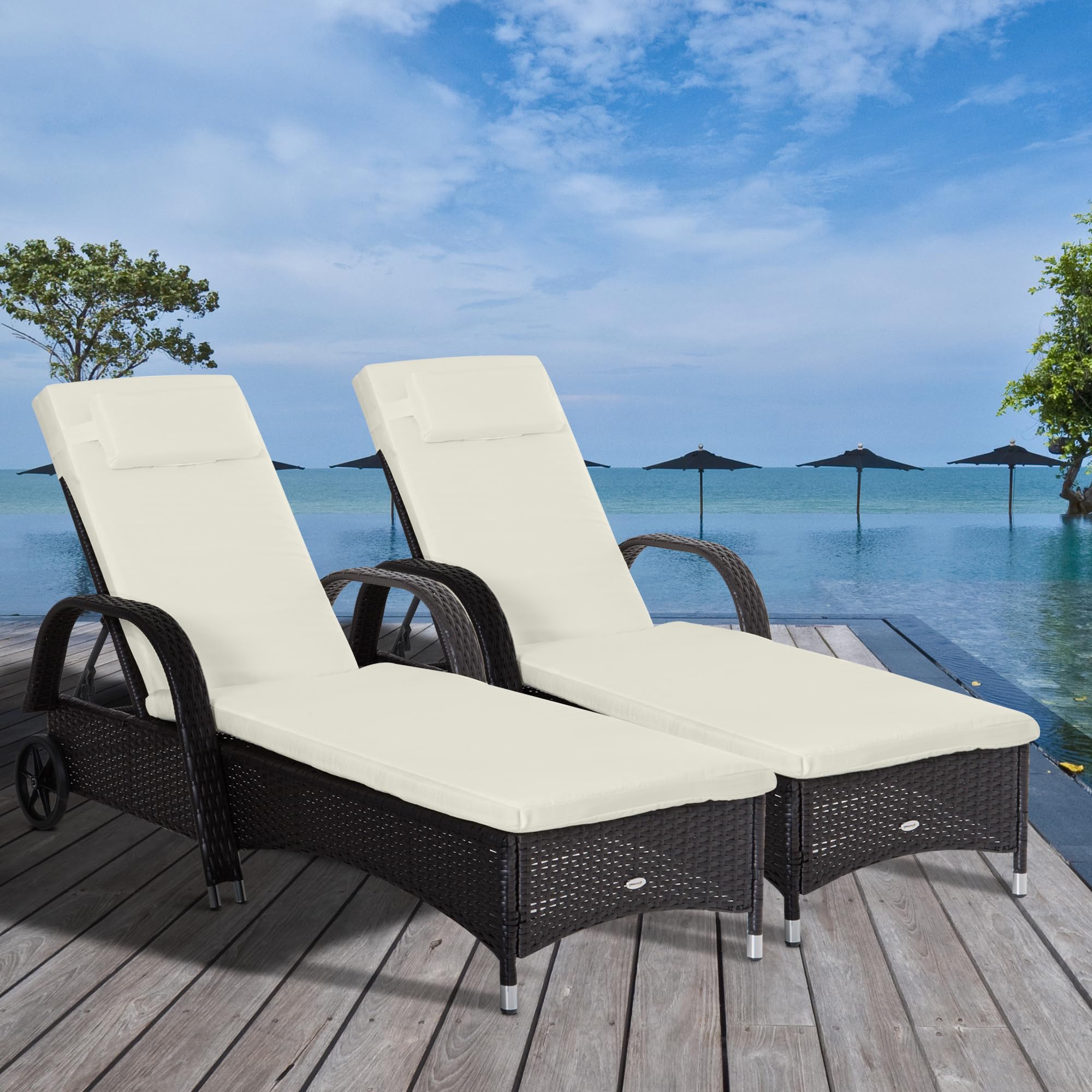 Outsunny Wicker Outdoor Chaise Lounge Set of 2, 5-Level Adjustable Backrest PE Rattan Pool Lounge Chair with Wheels, Cushion & Headrest, Dark Coffee and Cream White