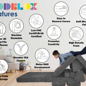 Mod Blox 10 Piece Soft Modular Kids Play Couch for Boys and Girls ｜ Child Sectional Fort Building Sofa for Toddlers Playroom with Microsuede Covers + High Density Convertible Foam Cushions (Dark Gray)