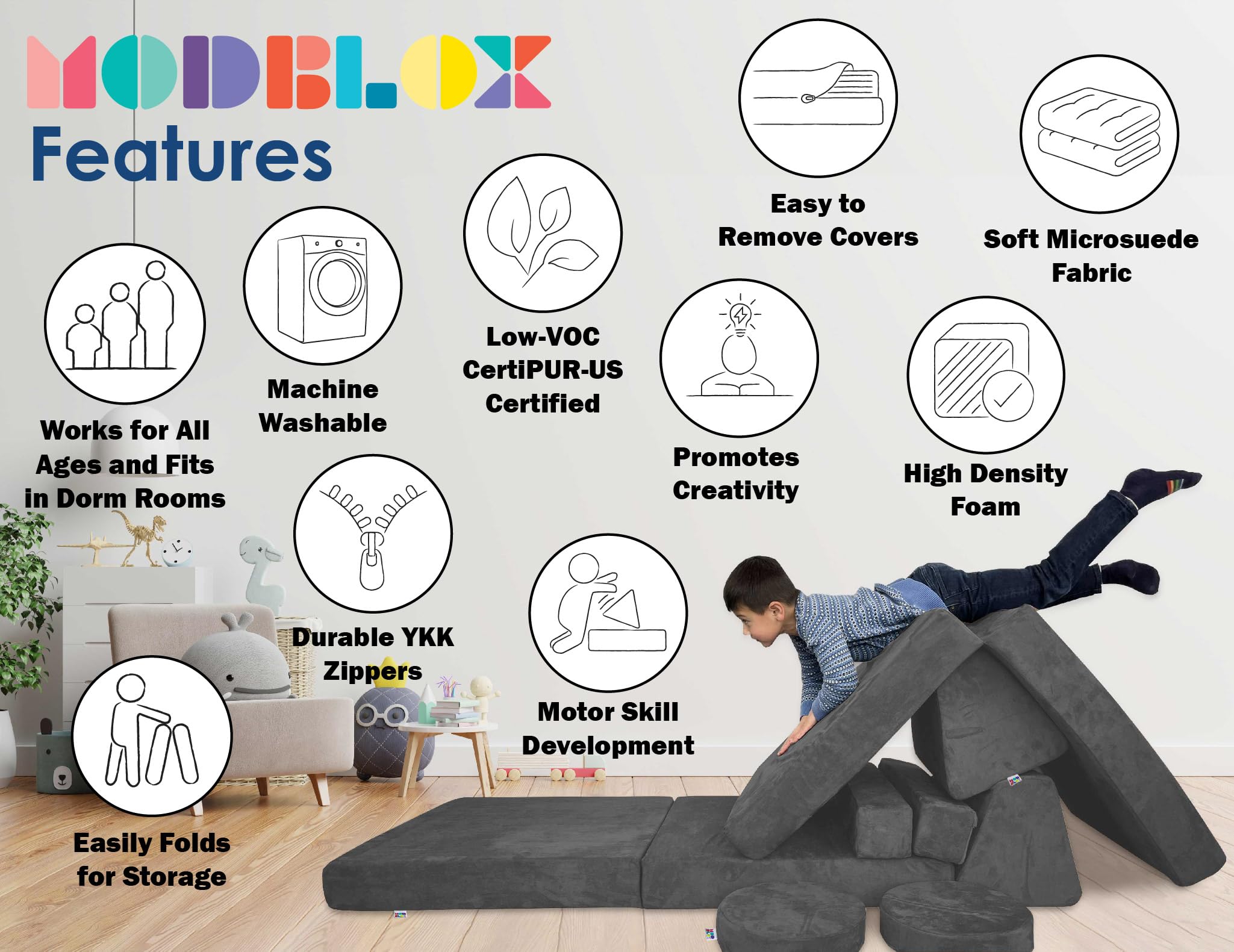 Mod Blox 10 Piece Soft Modular Kids Play Couch for Boys and Girls ｜ Child Sectional Fort Building Sofa for Toddlers Playroom with Microsuede Covers + High Density Convertible Foam Cushions (Dark Gray)