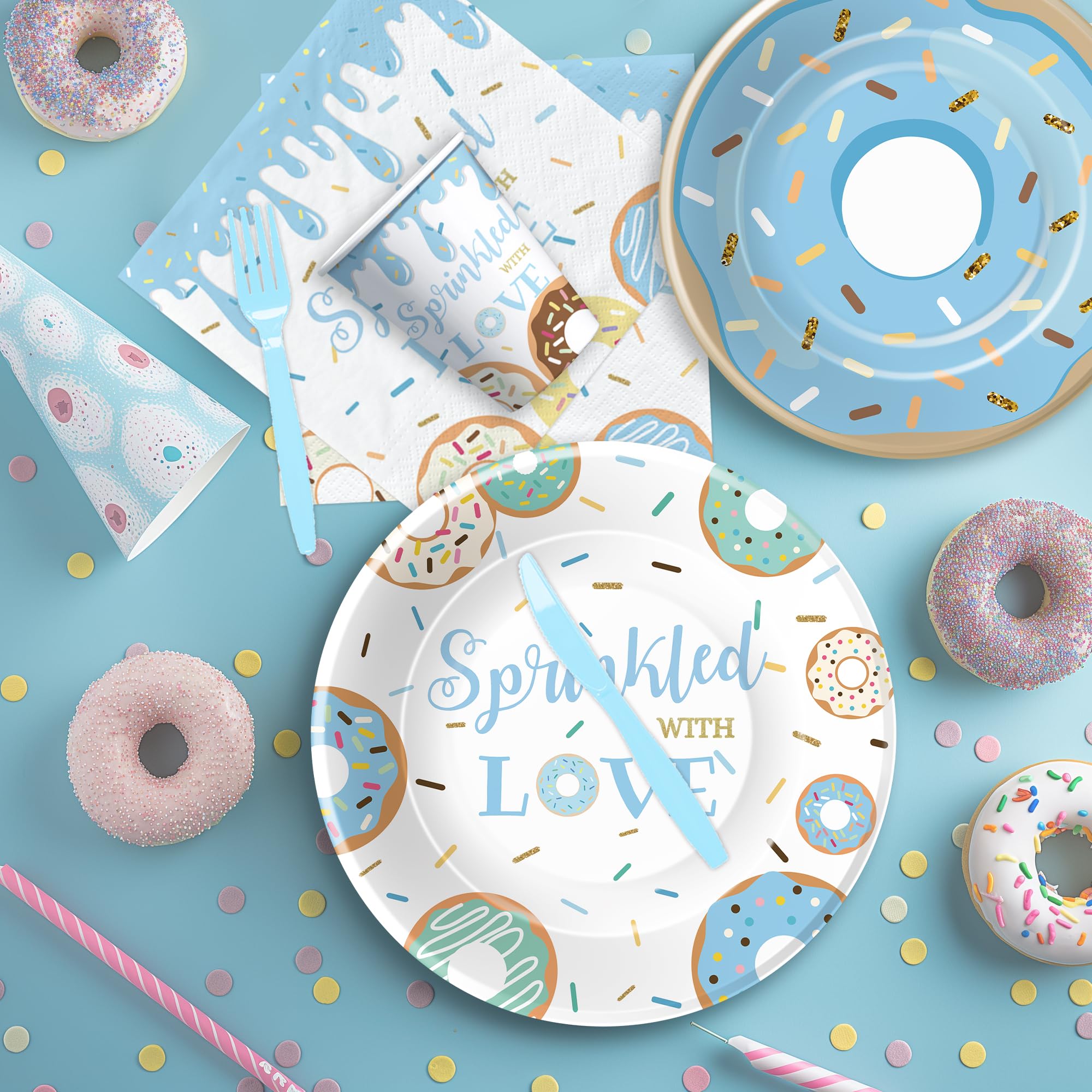 Suhelkit Donut Baby Sprinkle Decorations Tableware For Boy - Sprinkled with Love Baby Shower Decorations Party Supplies, Plate, Napkin, Cup, Cutlery, Blue Donut Baby Shower Decorations | 24 Guests