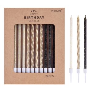 phd cake gold, black, white long thin birthday candles, cake candles, birthday parties, wedding decorations, party candles