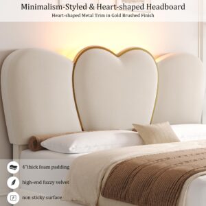 HITHOS King LED Bed Frame with 4 Storage Drawers, Modern Velvet Upholstered Platform Bed with 55" Tall Heart Shaped Headboard, Solid Wooden Slats Support, No Box Spring Needed, Metal Trim, Beige