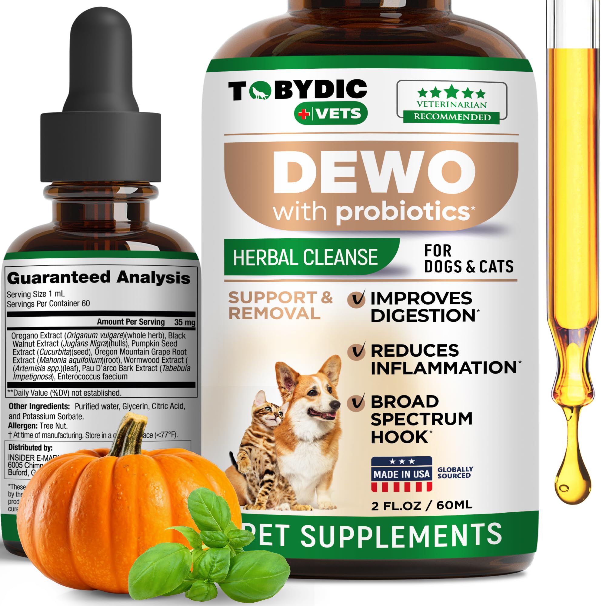 Tobydic Broad Spectrum Herbal Medicine with Probiotic for Cats & Dogs - Prevention & Treatment Helps to Remove Toxins and Parasites -Medication & Supplement Drops - Made in USA