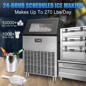 Commercial Ice Maker Machine, 270lbs/24H Stainless Steel Under Counter Ice Machine with 55lbs Ice Storage Capacity, Freestanding Cubic Ice Maker