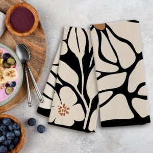 WFSM Boho Floral Kitchen Towels Set of 2- Black Floral Hand Towels, Beige Dish Towels, Decorative Kitchen Towels, Botanical Decorative Kitchen Towels, Boho Hand Towels for Bathroom, 16×24 Inches