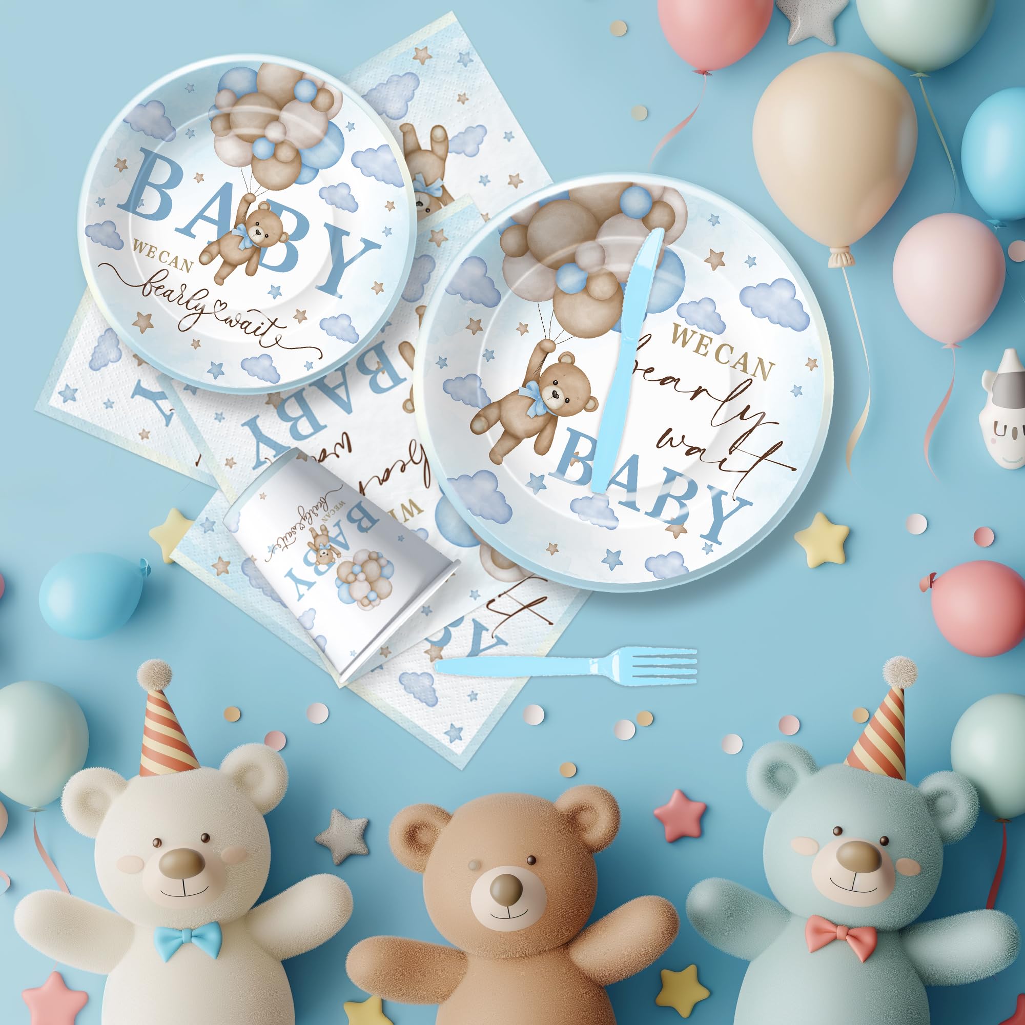 Suhelkit Bear Baby Shower Decorations Party Tableware Boy - We Can Bearly Wait Baby Shower Decorations Supplies, Paper Plate, Napkin, Cup, Fork, Blue Teddy Bear Baby Shower Party Supplies | 24 Guests