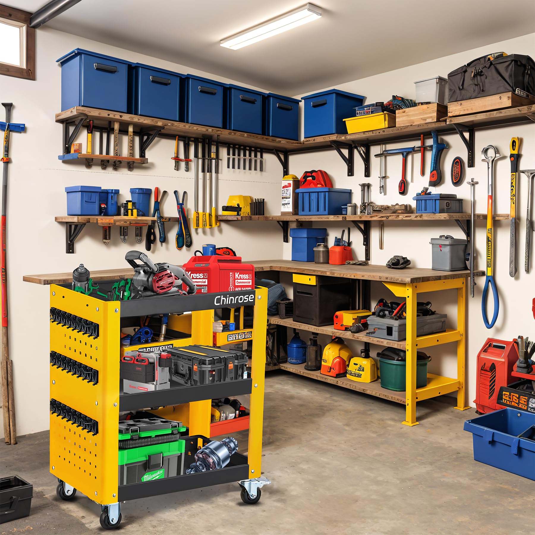 3 Tier Rolling Tool Cart on Wheels, Heavy Duty Utility Tool Cart with Pegboard,Tool Cart for Mechanics, Garage, Warehouse, Workshop