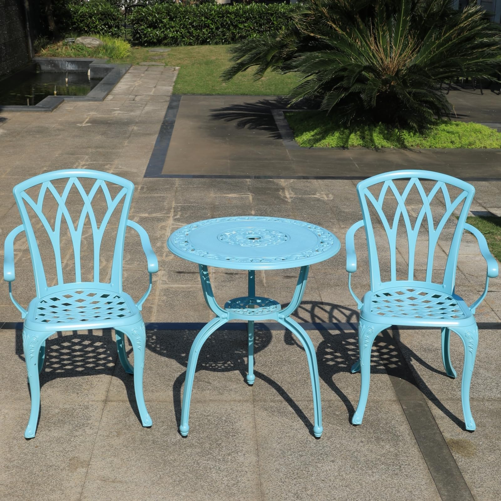 KAILI 3 Piece Bistro Table Set Cast Aluminum Outdoor Patio Furniture with Chair with armrests (Light Blue)