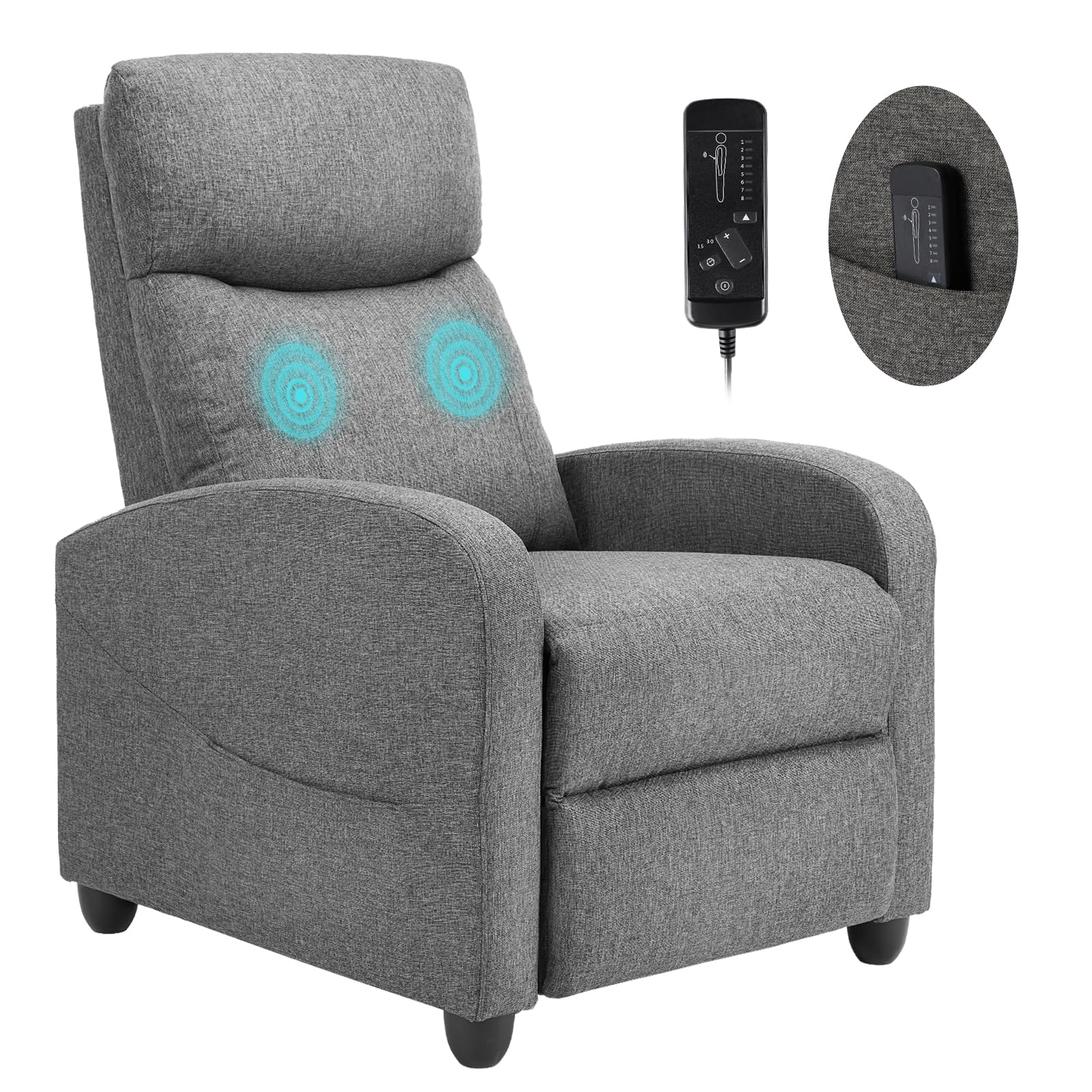 Sweetcrispy Recliner Chair for Adults, Massage Fabric Small Recliner Home Theater Seating with Lumbar Support, Adjustable Modern Reclining Chair with Padded Seat Backrest for Living Room (Grey)