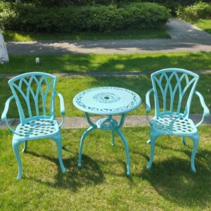 KAILI 3 Piece Bistro Table Set Cast Aluminum Outdoor Patio Furniture with Chair with armrests (Light Blue)