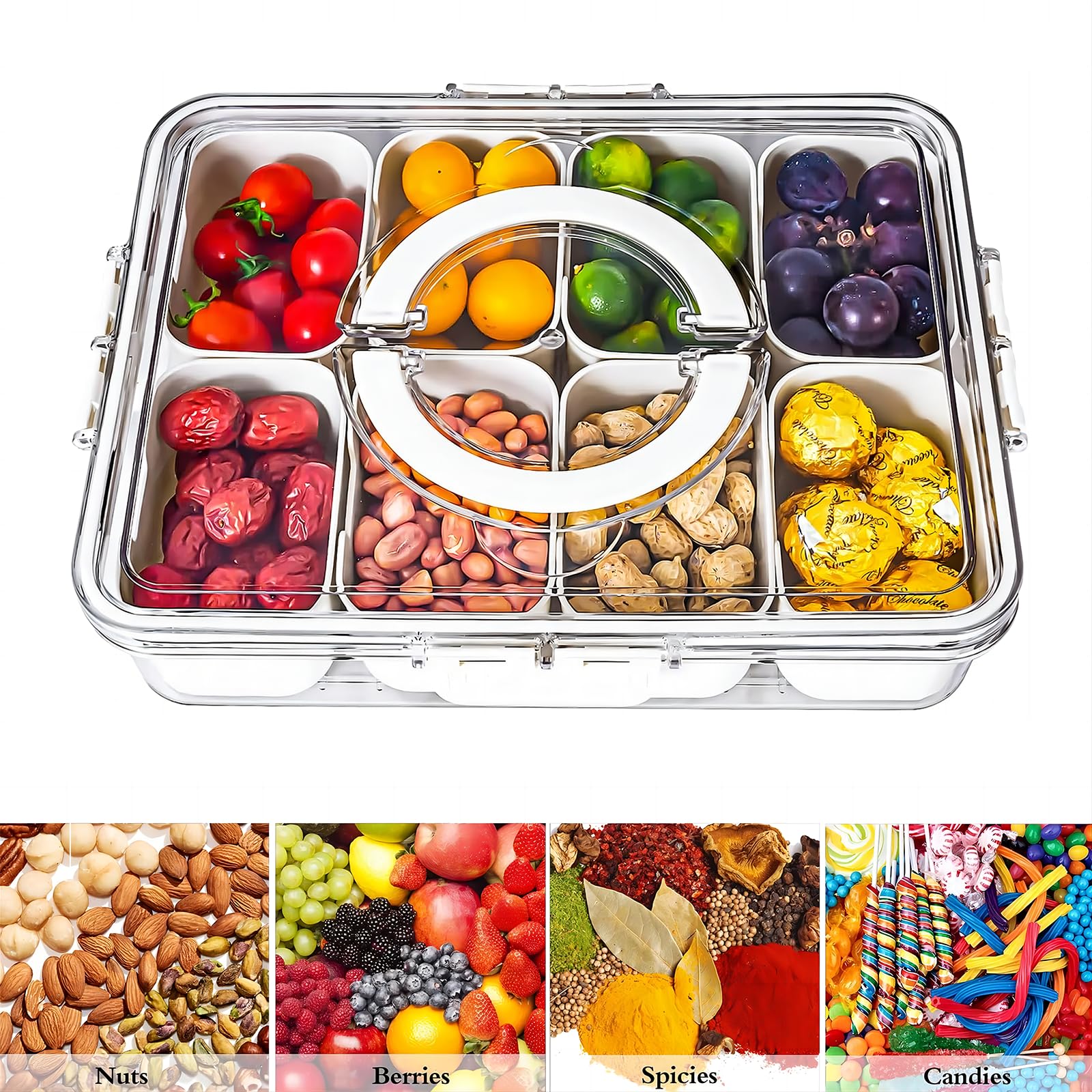 JEESA Divided Serving Tray with Lid and Handle Set of 1 Plastics Snackle Box Charcuterie Tray Portable Divided Serving Platter for Cookies, Veggie, Candy, Fruit, Relish, Meats