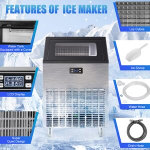 Commercial Ice Maker Machine, 270lbs/24H Stainless Steel Under Counter Ice Machine with 55lbs Ice Storage Capacity, Freestanding Cubic Ice Maker