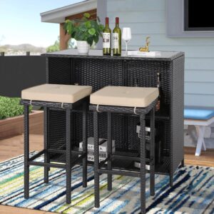 Patiomore 3-Piece Patio Outdoor Bar Set with Removable Cushions and Glass Top Table Patio Brown Wicker Furniture with Two Stools and 10 FT Patio Umbrella, Dark Blue