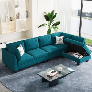 Belffin 4 Seater Sectional Sofa with Reversible Chaise, L Shaped Sofa Sectional Couch with Convertible Storage Ottoman Peacock Blue