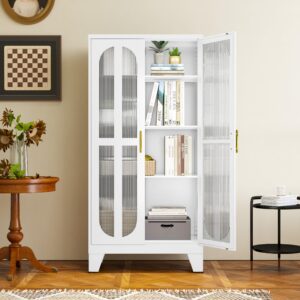 pozdeg Metal Storage Cabinet, Kitchen Pantry Cabinet with 2 Cross Door Panels and 3 Adjustable Shelves, Versatile Storage Pantry for Living Room Office Laundry Dining Room or Outdoor (White)